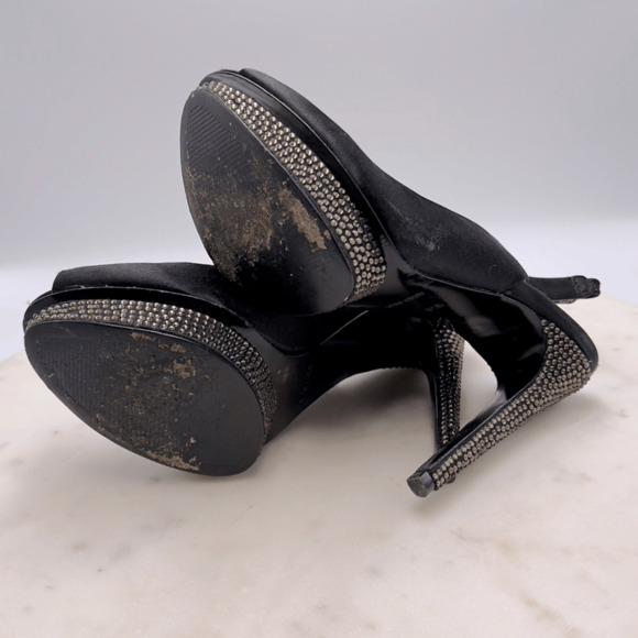 BCBGMAXAZRIA Falcon Black Satin Rhinestone Heels 8.5 Peep Toe Holiday Party - Picture 10 of 13